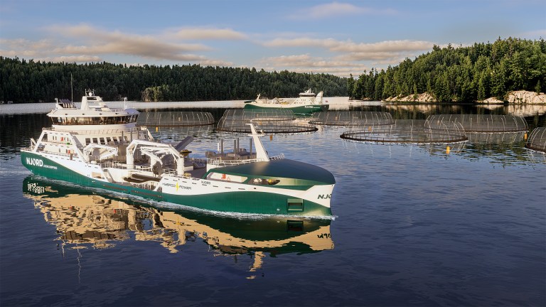 Data-animert illustrasjon av Njord AS sine to nye fartøyer i norsk fjordlandskap.